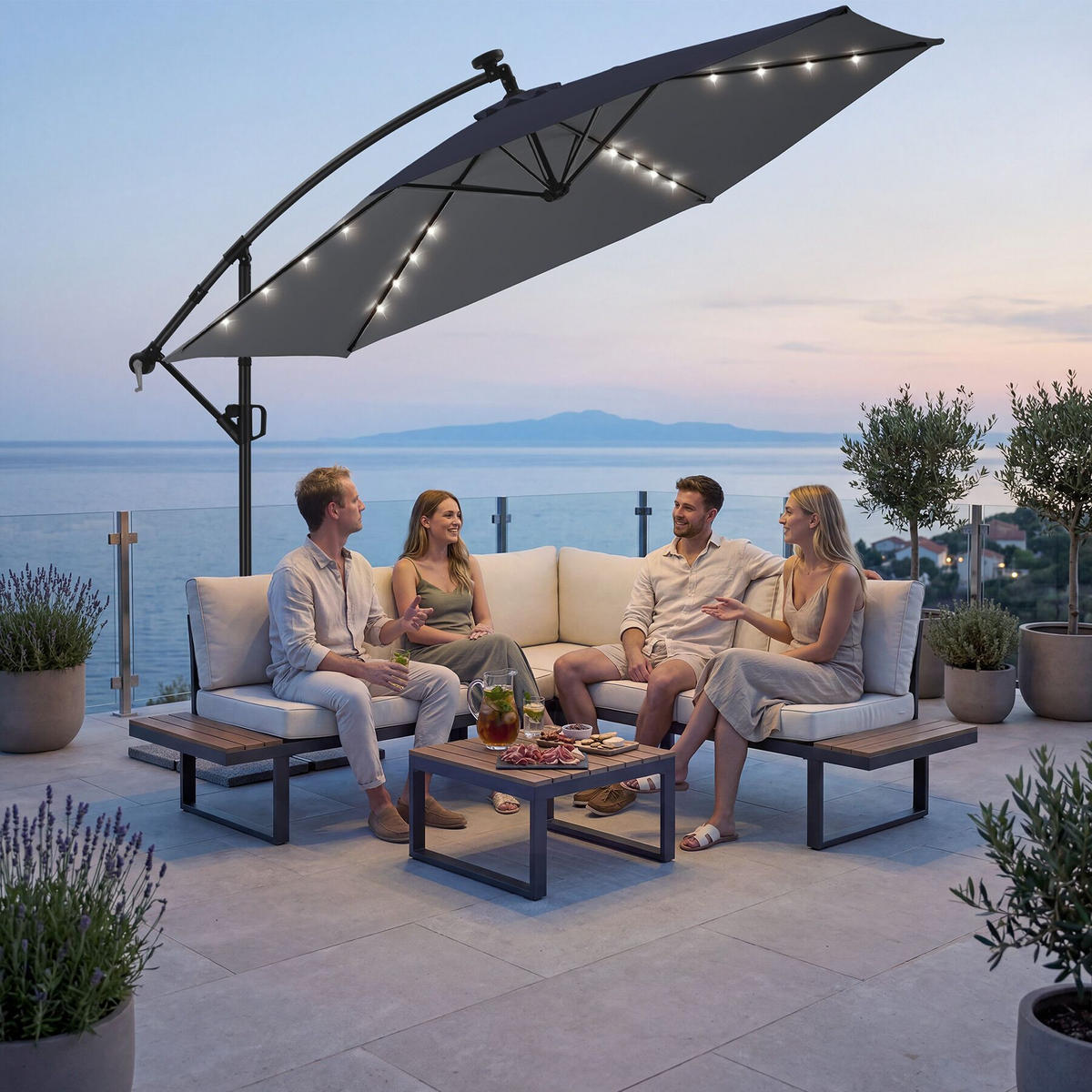 AMPELSCHIRM Artemis, mit LED Solar-Beleuchtung, inkl. Schutzhülle, grau - Grau, Metall (350/337cm) - tectake