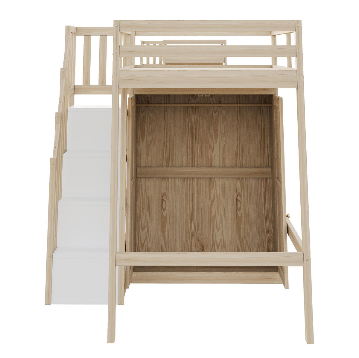 HOCHBETT aus Holz 90x200 cm in Holzfarbe mit Kleiderschrank & Stauraumtreppe - Naturfarben, Holzwerkstoff (90/200cm) - Modfu