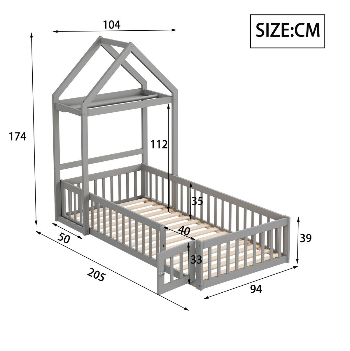 HAUSBETT aus 90x200 cm Grau mit Dach, Stauraum, Tür und Lattenrost - Grau, Holzwerkstoff (90/200cm) - Modfu