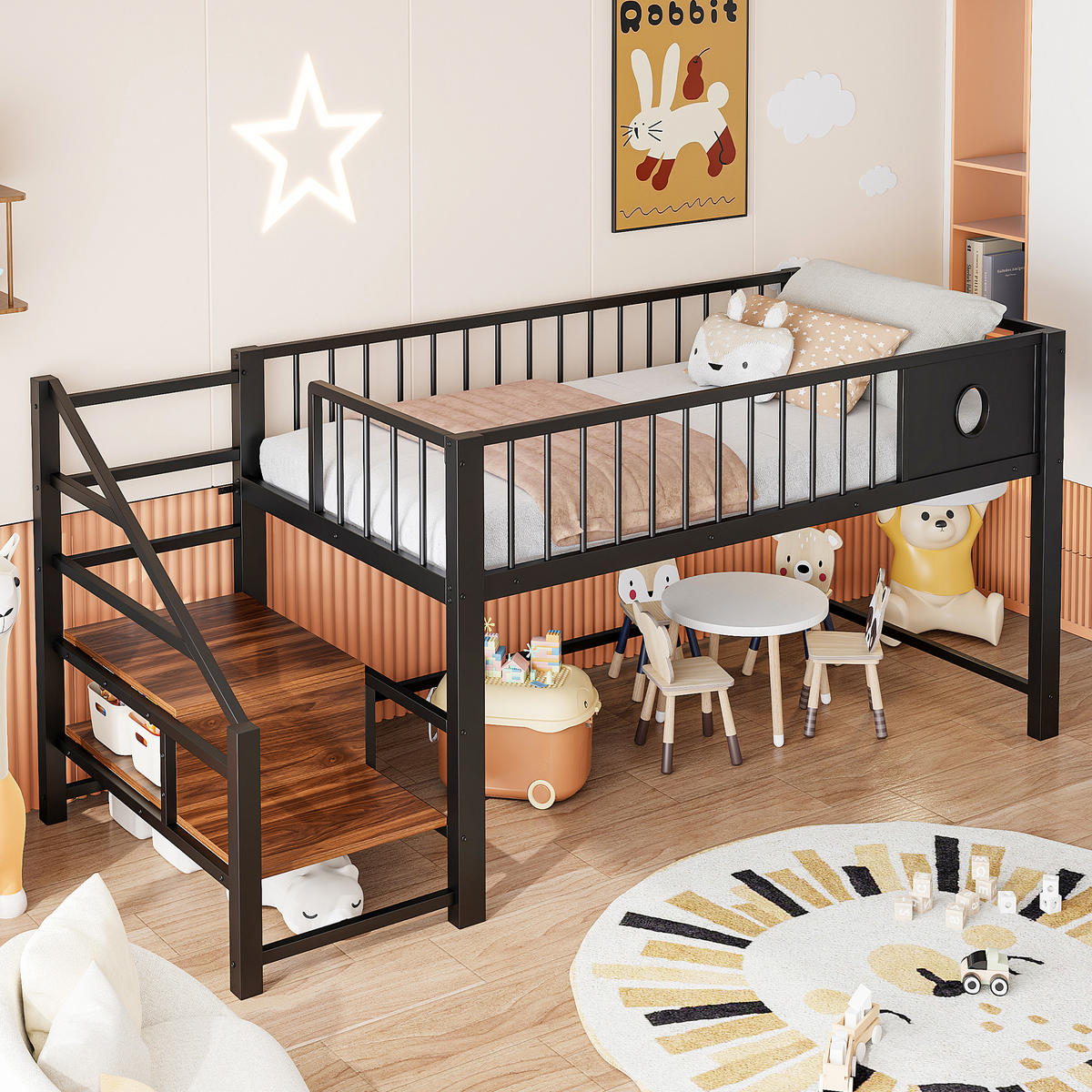 KINDERBETT 90/200 cm DE-01522, in Schwarz, mit Aufbewahrungsleiter - Schwarz, Metall (90/200cm) - ComfortXL