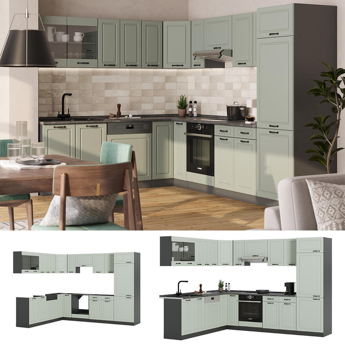 ECKKÜCHE R-Line, Mint Landhaus/Anthrazit, 287 x 227 cm - Anthrazit/Grün, Holzwerkstoff (287/206.8/46cm) - Vicco
