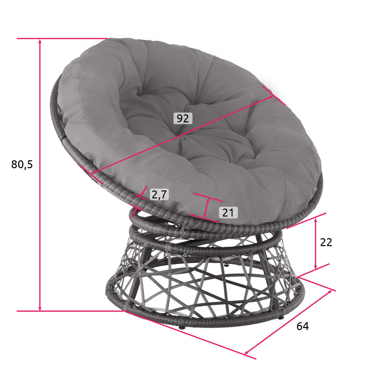 RATTANSESSEL Gargano,92 x 80 x 80,5 cm,grau - Grau, Kunststoff (80/80.5/92cm) - tectake