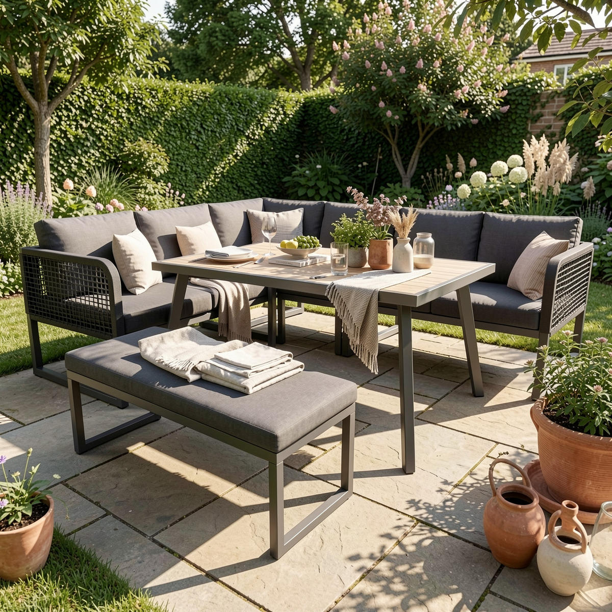 LOUNGEGARNITUR 6-tlg. PE-Rattan Grau Ecksofa mit Tisch & Bank für Terrasse - Grau, Textil - Urban Meuble