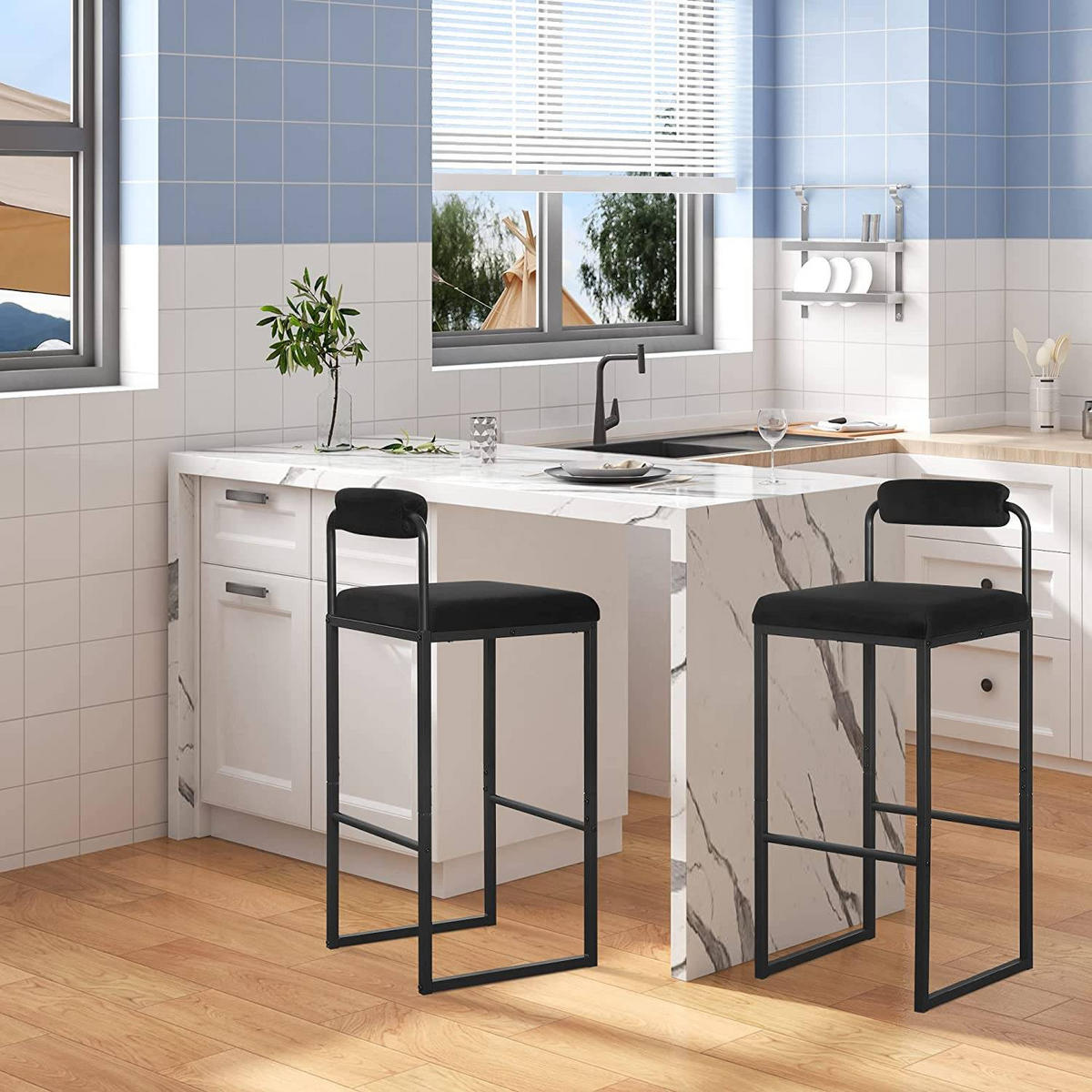 BARHOCKER 2er Set, Hochstuhl, Samt, Schwarz - Schwarz, Textil/Metall (39/95.5/38.5cm) - Woltu