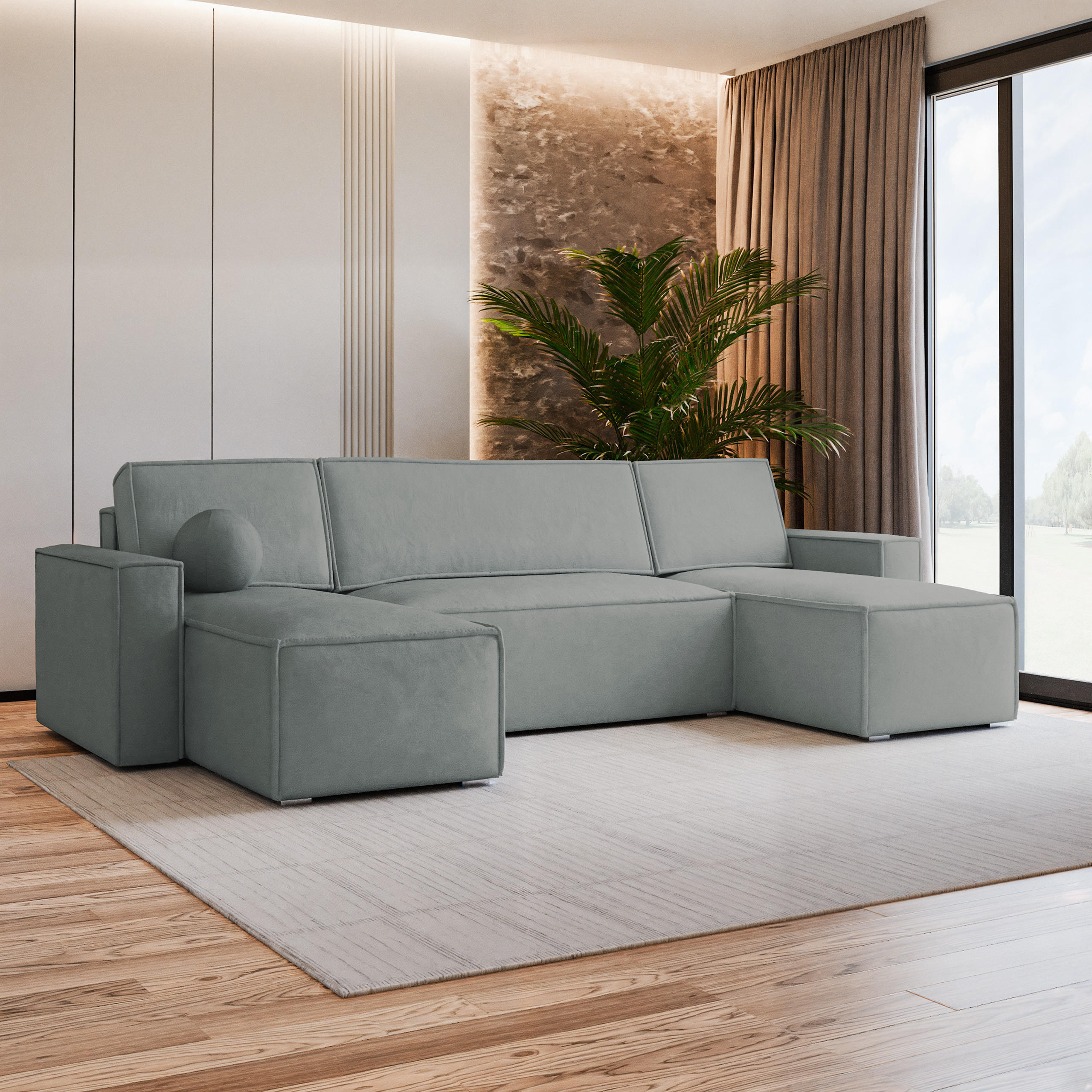 WOHNLANDSCHAFT PESANO M Grau Velours-Stoff mit Schlaffunktion - Grau, Holz (306/85/140cm) - MASSENO