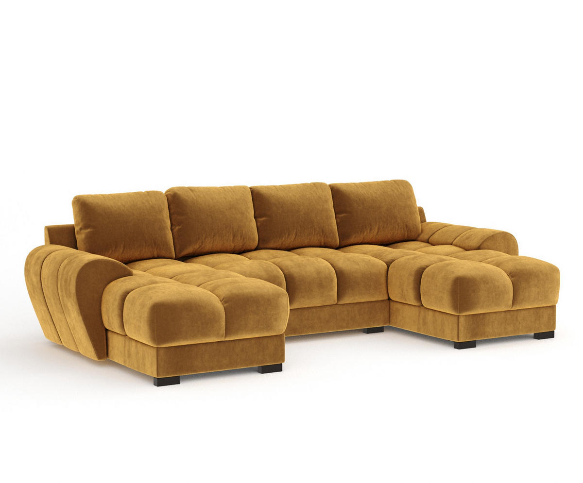WOHNLANDSCHAFT Peebles Honigfarbe Samtstoff - Schwarz/Honig, Holz/Holzwerkstoff (330/90/175cm) - Maison de Reve