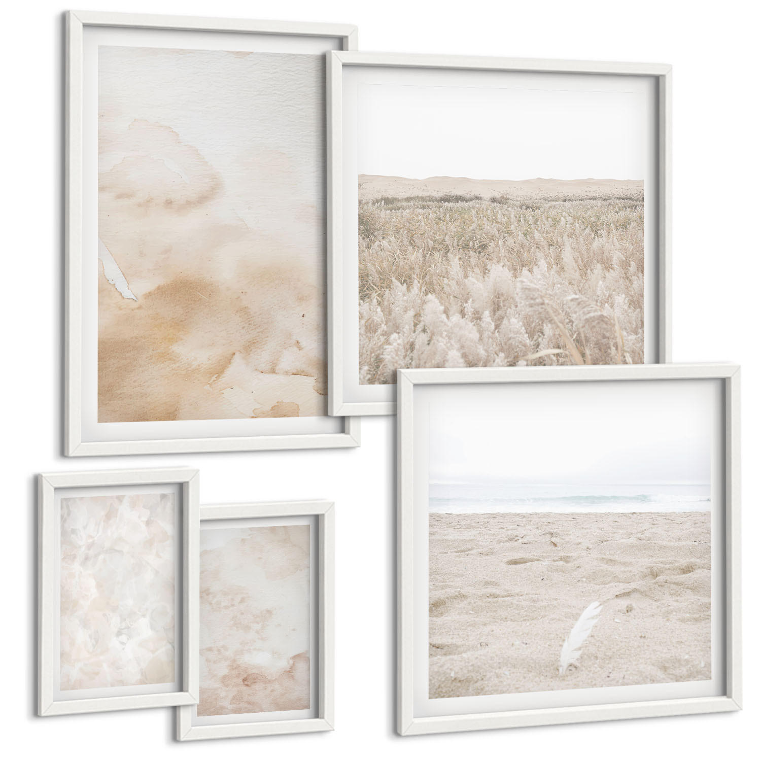 BILDER SET 5er Set - 50x50 cm & 20x30 cm & 40x60 cm Weißer Rahmen - Modische Pastelltexturen - Weiß, Kunststoff (40/60cm) - TULUP