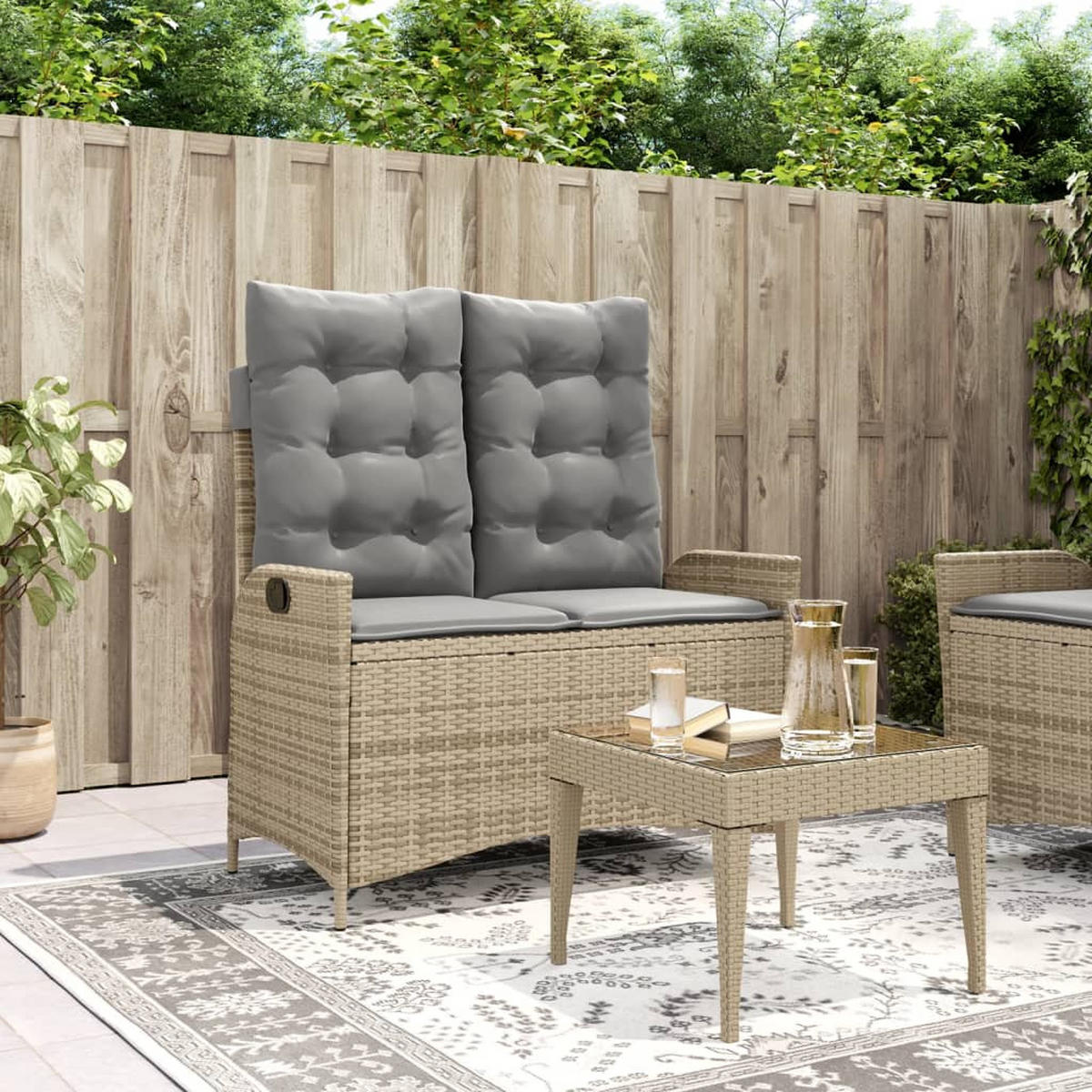 GARTENBANK Verstellbar mit Kissen Beige Poly Rattan - Beige, Kunststoff (104/93/59cm) - furnicato