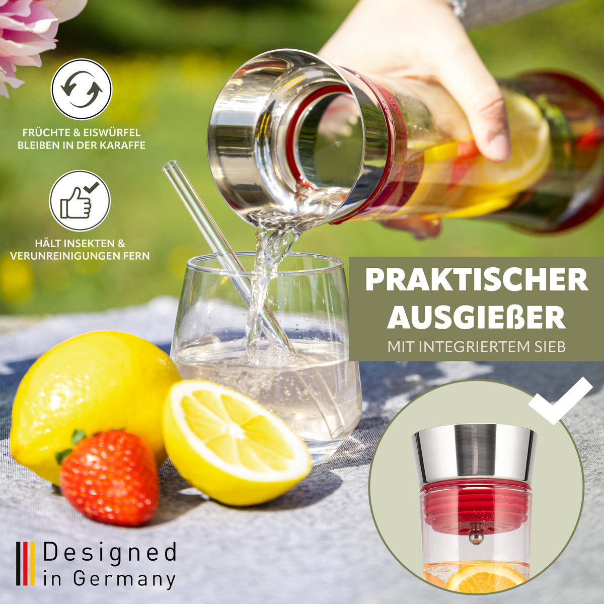 GLASKARAFFE 1 Liter CAROLA, rot, Edelstahl, Silikon - Rot, Glas (1L) - bremermann