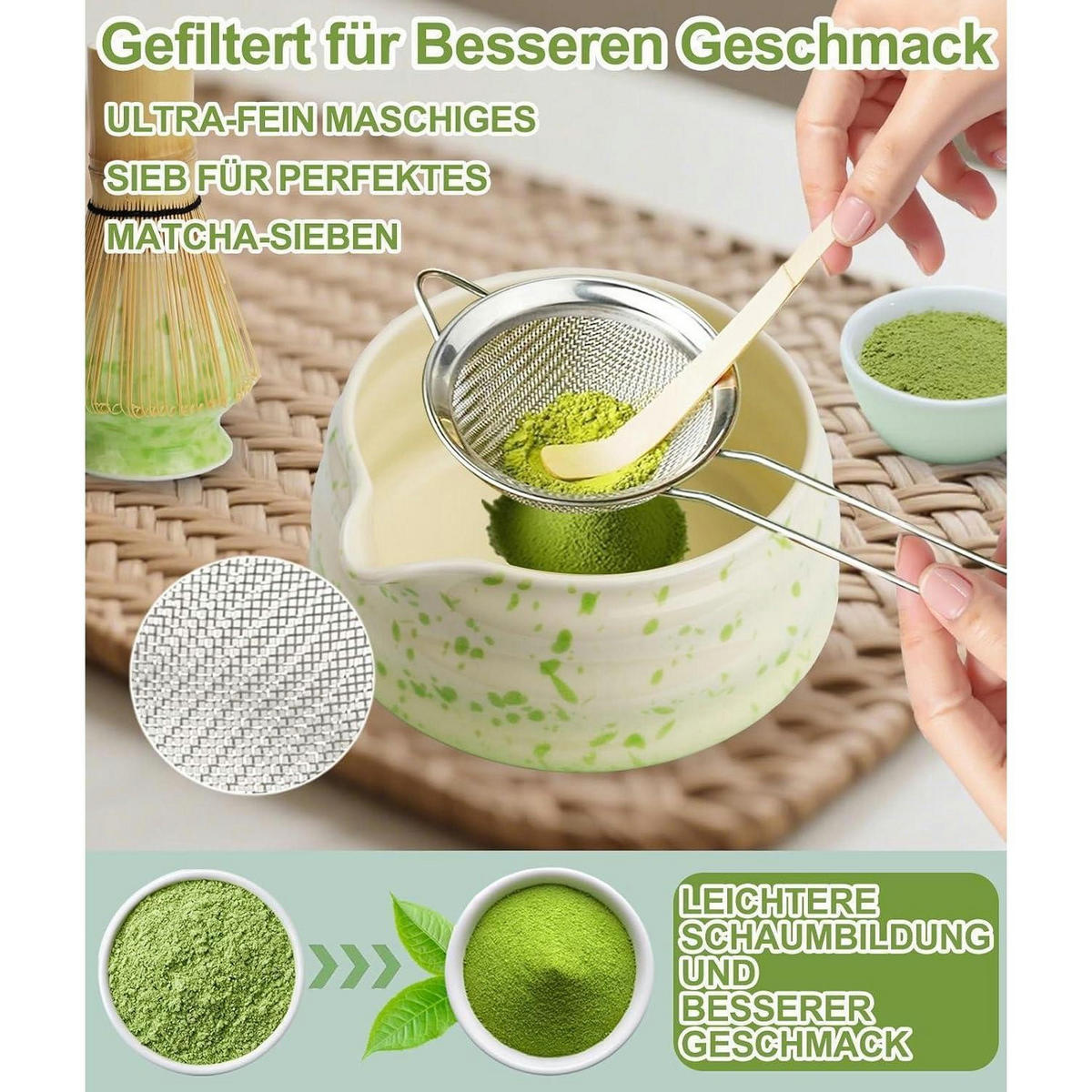 MATCHA Set 7-teilig Keramik und Bambus Beige Grün - Multicolor, Keramik (15/10/15cm)