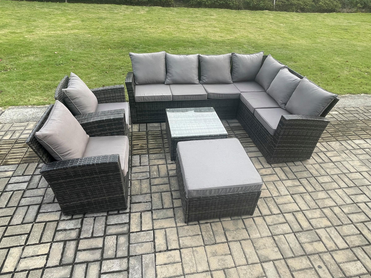 LOUNGEGARNITUR mit Couchtisch Sofa Polyrattan Dunkelgrau 9-Sitzer - Dunkelgrau/Grau, Glas/Kunststoff - Fimous