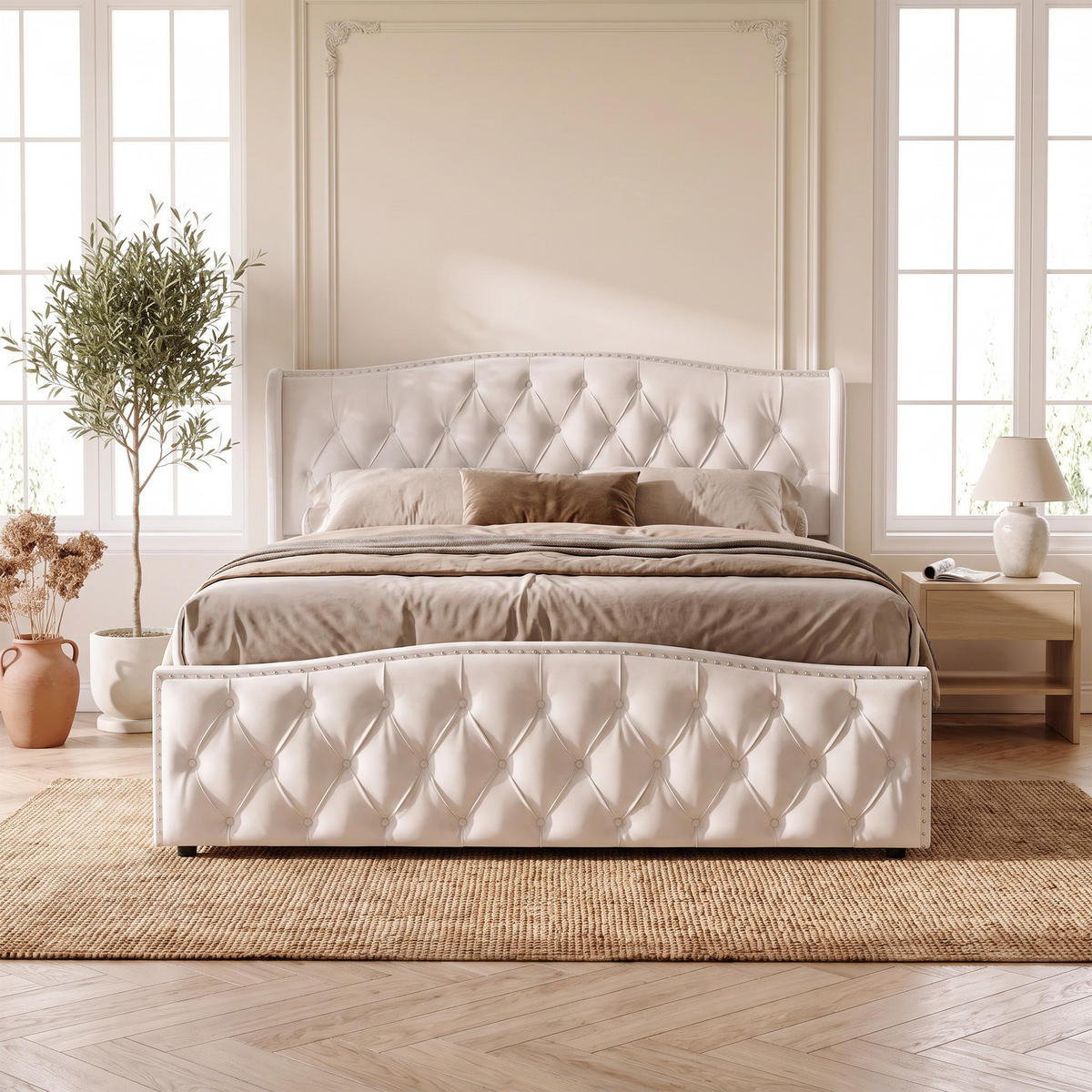 POLSTERBETT 160x200 cm mit Bettkasten, Doppelbett mit Kopfteil, Lattenrost und Stauraum, Samt Beige - Beige, Holz/Textil (160/200cm) - GENKI LIVING