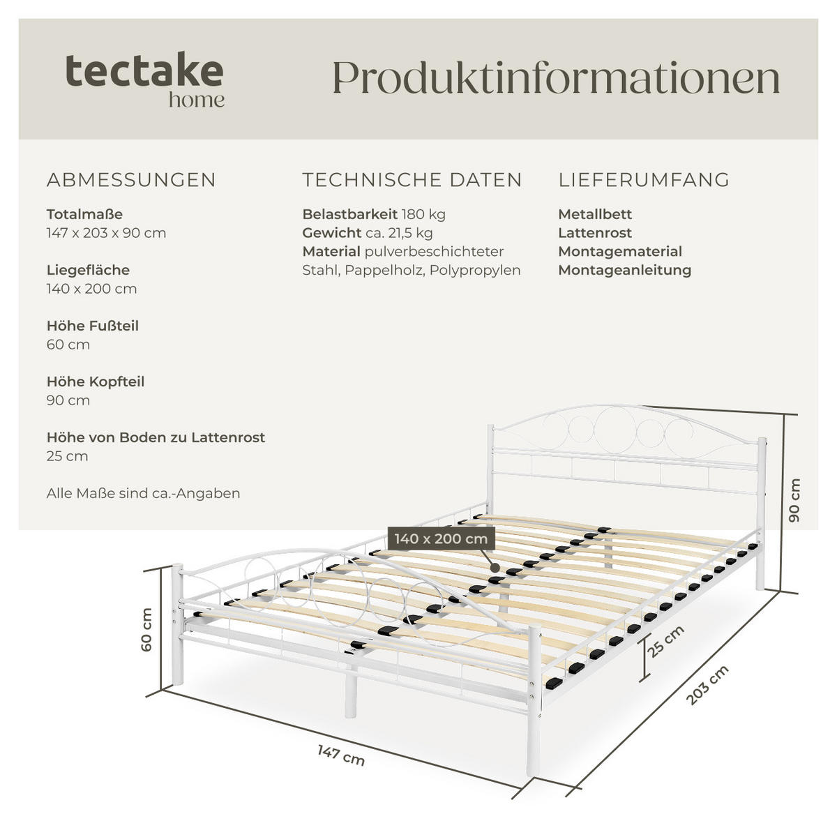 METALLBETT Sonno,140 x 200 cm,weiß/weiß - Weiß, Metall - tectake