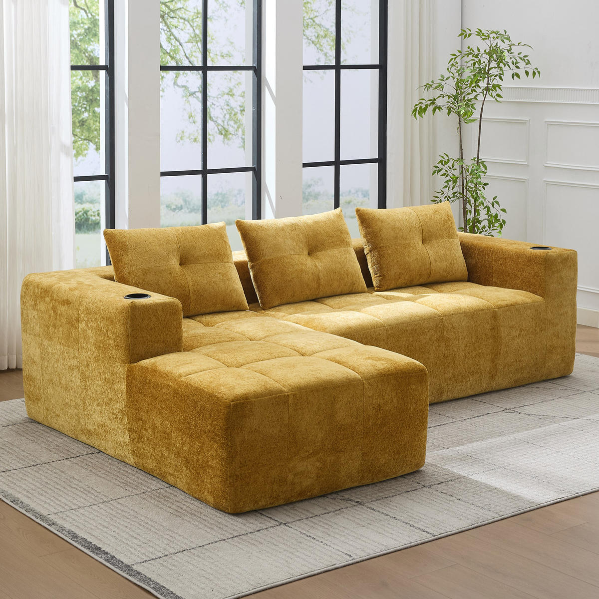 ECKSOFA 255/161/64 cm Gelb mit Getränkehalter - Gelb, Textil (258/163cm) - Oxeza