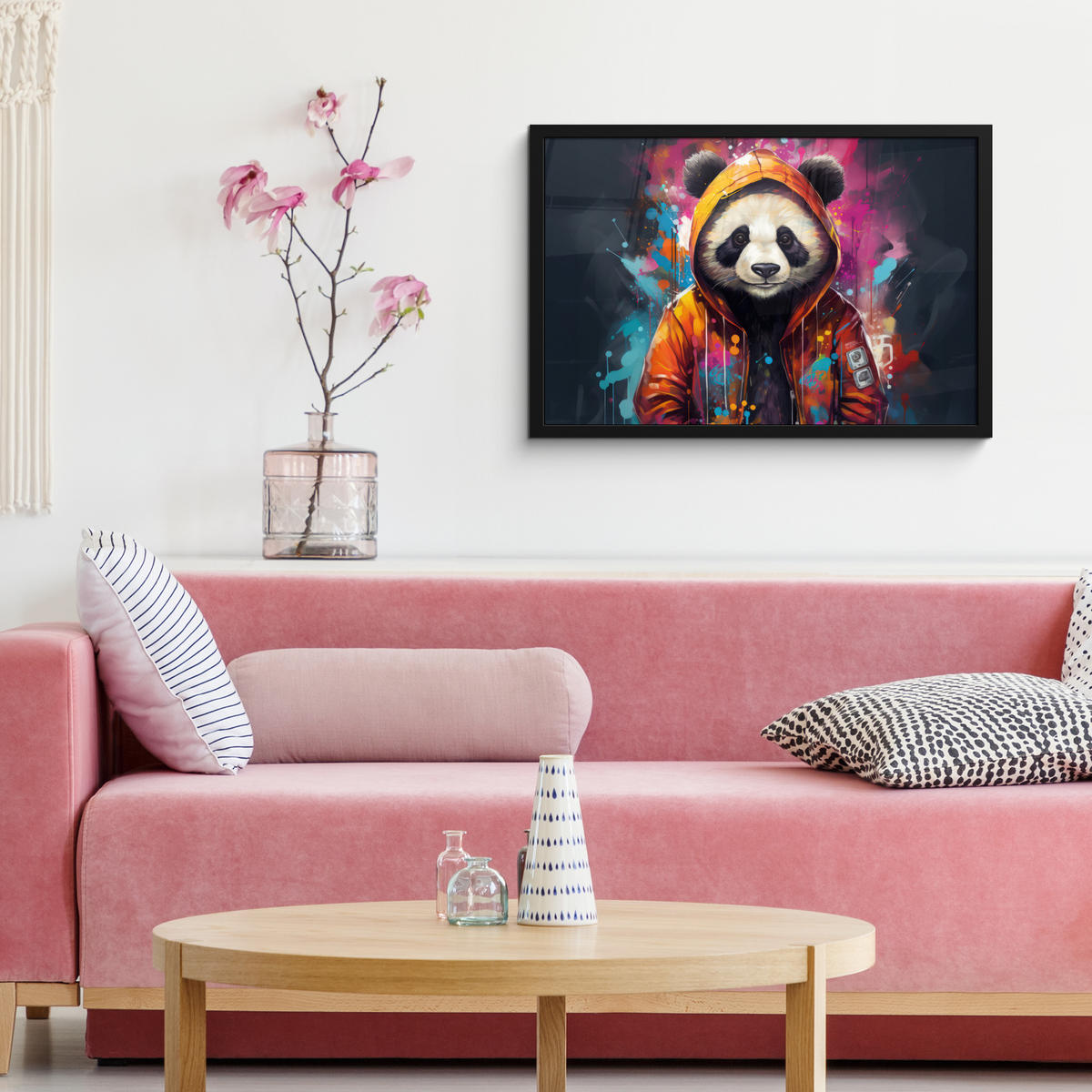 POSTER MIT RAHMENGERAHMTES BILD Panda - Jacke - Graffiti - Orange 60x40 cm - Orange, Papier (60/40cm) - MuchoWow