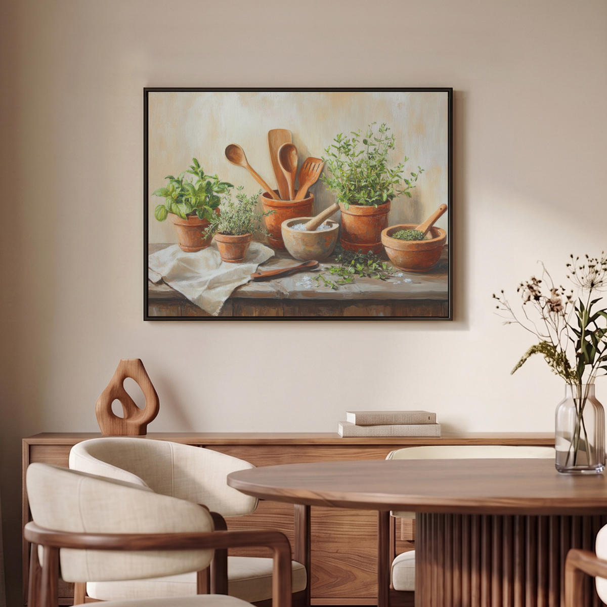 LEINWAND Bilder mit Rahmen - Töpfe - Kräuter - Holz - 80x60 - Terracotta, Textil (80/60cm) - MuchoWow