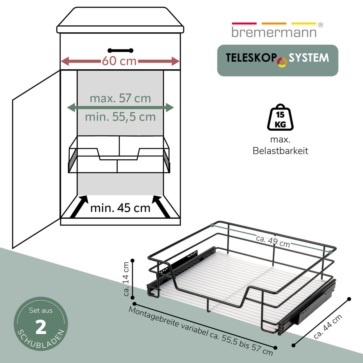 TELESKOPSCHUBLADEN (2er Set), für 60 cm Schrank, Metall, Schwarz - Chromfarben, Metall (57/14/44cm) - bremermann