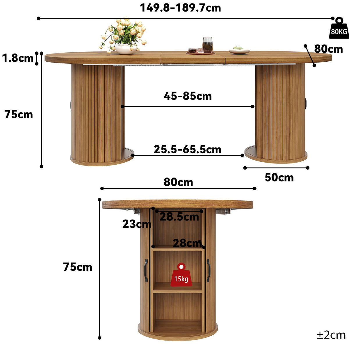 ESSTISCH Dunkelbraun 150–190×80×75 cm mit Auszugmechanismus, verdecktem Staufach und Metallrahmen aus Holzwerkstoff - Dunkelbraun, Holzwerkstoff (80/150/75cm) - Luhomfu