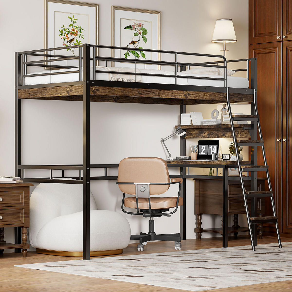 HOCHBETT 90/200 cm aus Metall mit Schreibtisch und Regalen Schwarz - Schwarz, Metall (90/200cm) - Modenvie