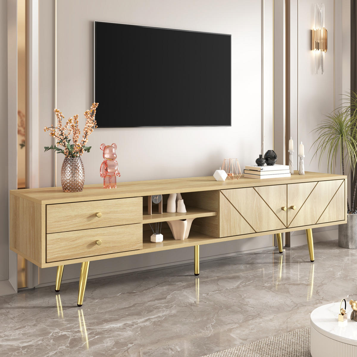 TV-SCHRANK Lowboard 160 cm Goldfüße Schubladen - Naturfarben, Holz (160/42/36cm) - Fortuna Lai