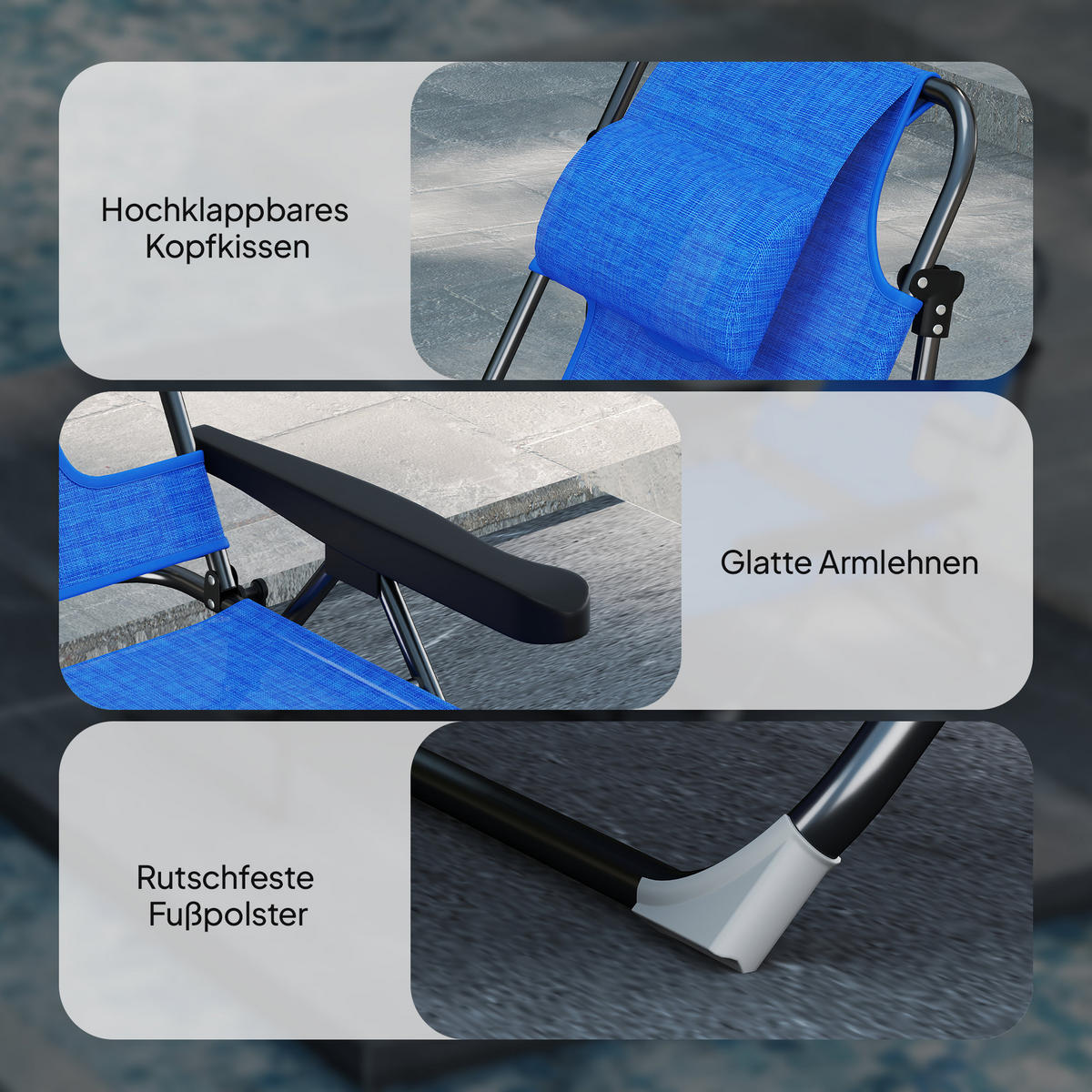 SONNENLIEGE Gartenliegen Relaxliege, klappbar, wetterbeständig, 194 cm x 72 cm x 31 cm, Schwarz + Dunkelblau - Blau, Metall (194/31/72cm)