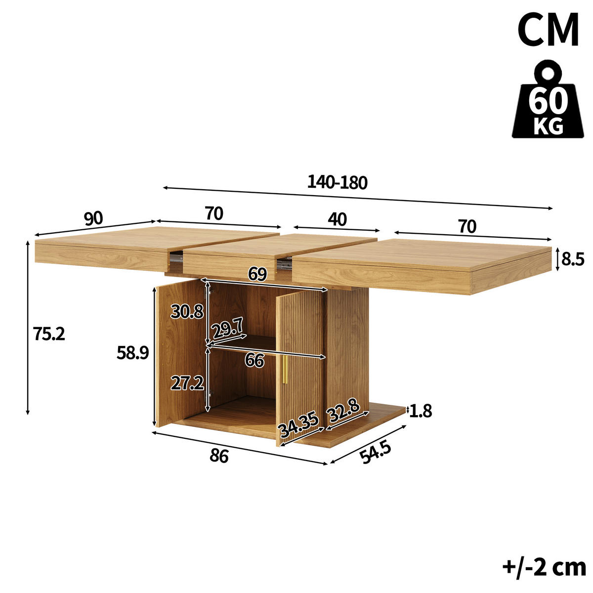 ESSTISCH ausziehbar 140-180/90/75,2 cm mit Stauraum DE-39641 Eiche hell - Naturfarben, Holzwerkstoff (90/140/75.2cm) - ComfortXL