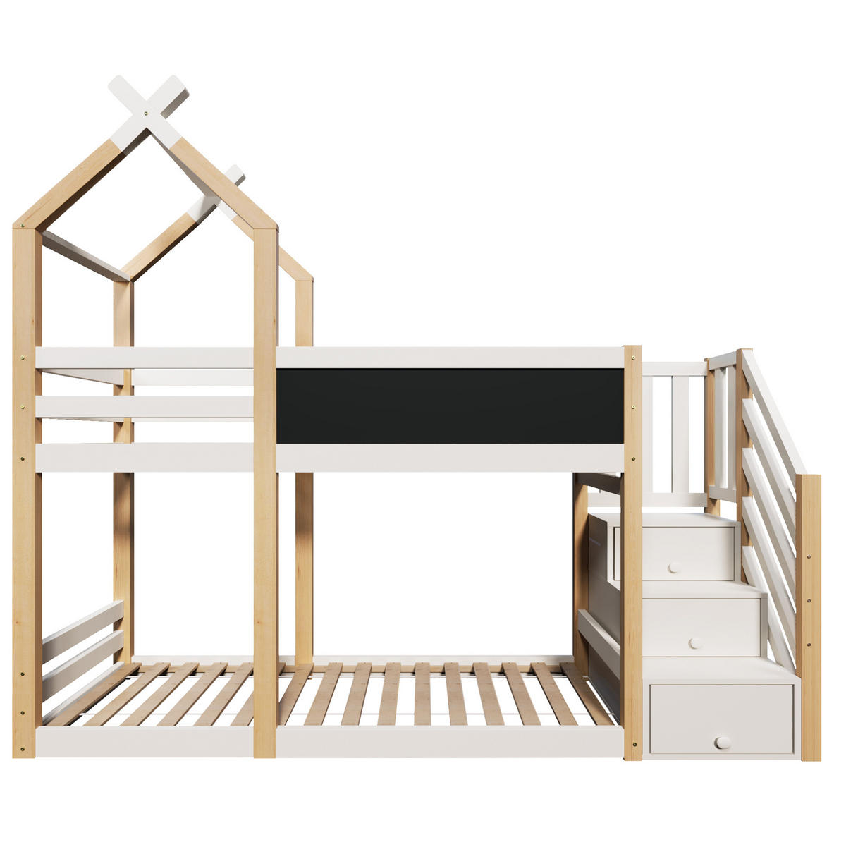 HAUSBETT 90/200 cm in Weiß mit Stauraumtreppe und Tafel im Baumhaus-Design - Weiß, Holzwerkstoff (90/200cm) - Flora Grace