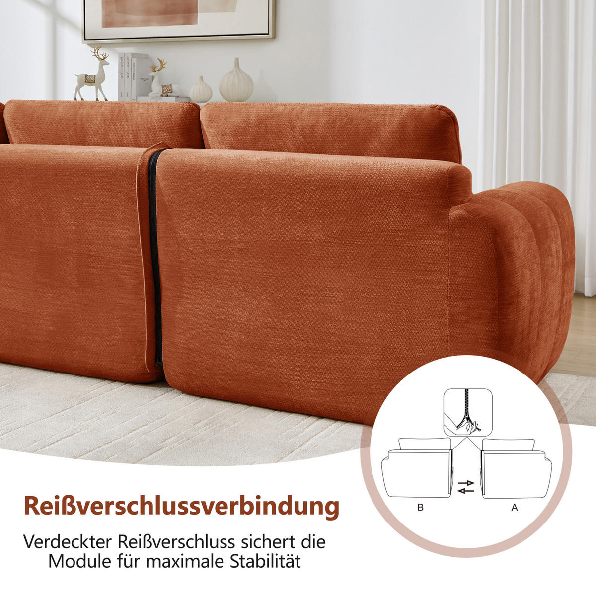 SOFA 194/160/68 cm in Orange aus Chenille mit Ottomane - Orange, Textil (160/68/194cm) - Flora Grace