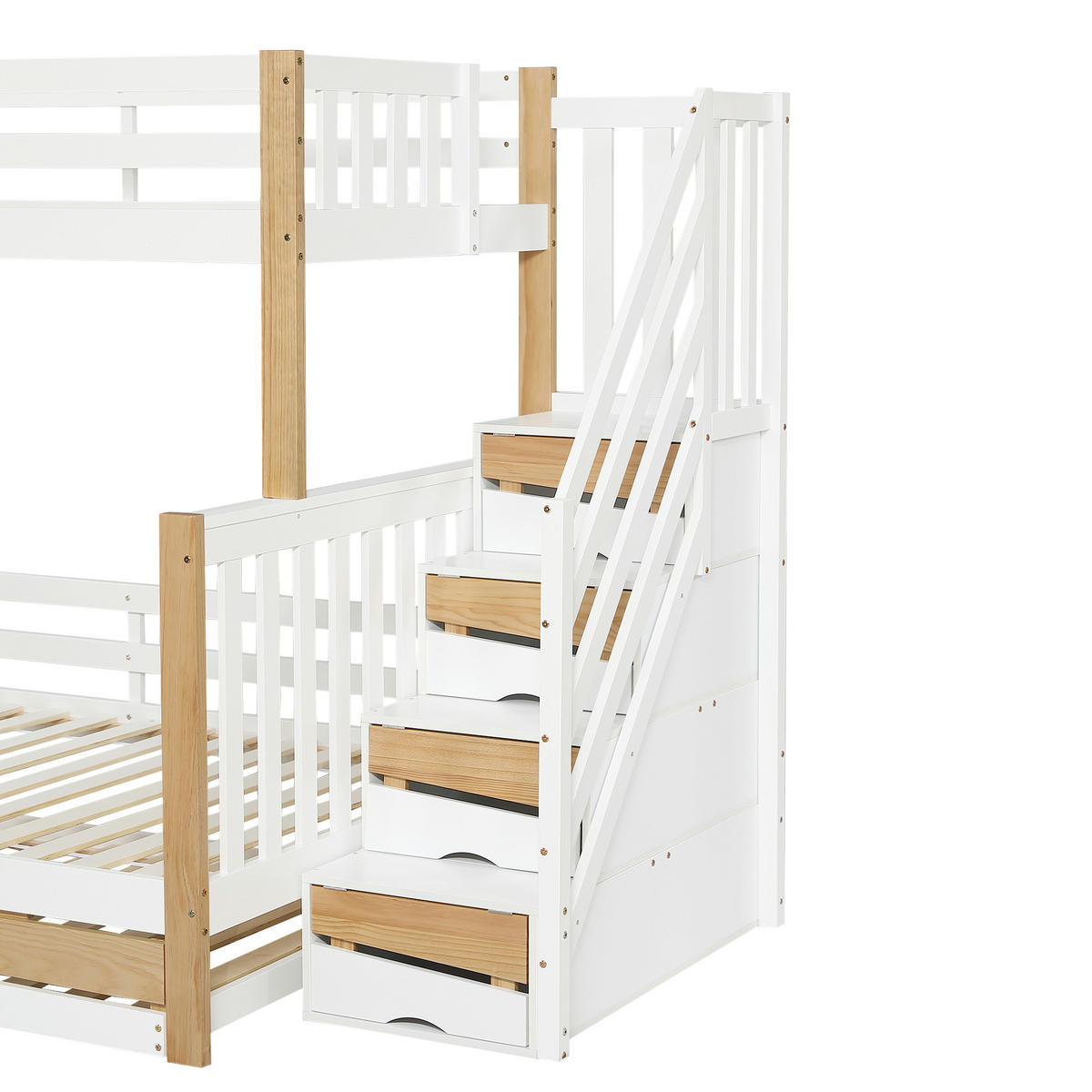 ETAGENBETT 90/200 cm & 120/200 cm in Weiß & Natur mit Rollbett, 4 Schränken und Regal Kinderbett - Weiß/Naturfarben, Holzwerkstoff (90/200cm) - STILVORA
