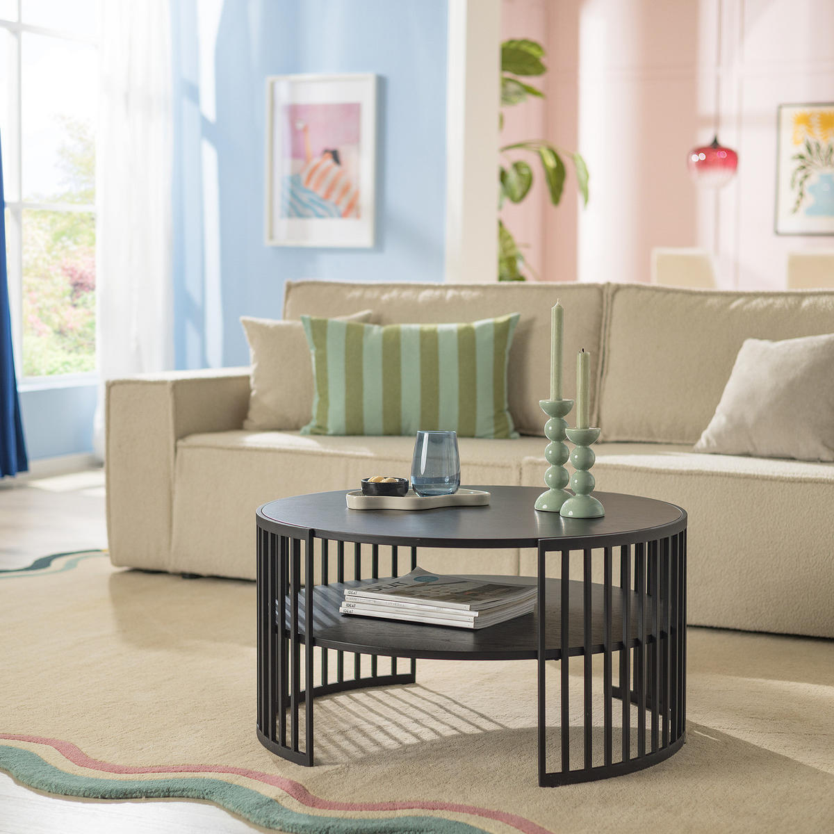 HOME24 Couchtisch Allumnu - Eichefarben/Schwarz, Holzwerkstoff/Metall (77/77/41cm) - home24