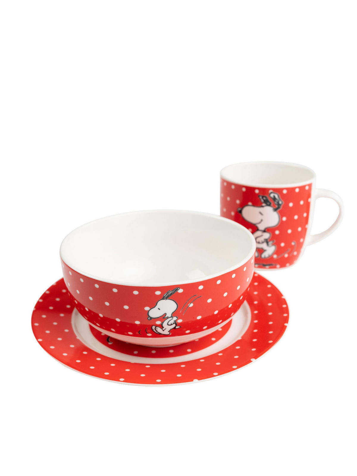 FRÜHSTÜCKSSET The Peanuts Snoopy Rot mit Punkten 3-teilig - Rot, Keramik (23.8/11.2/23.3cm) - United Labels
