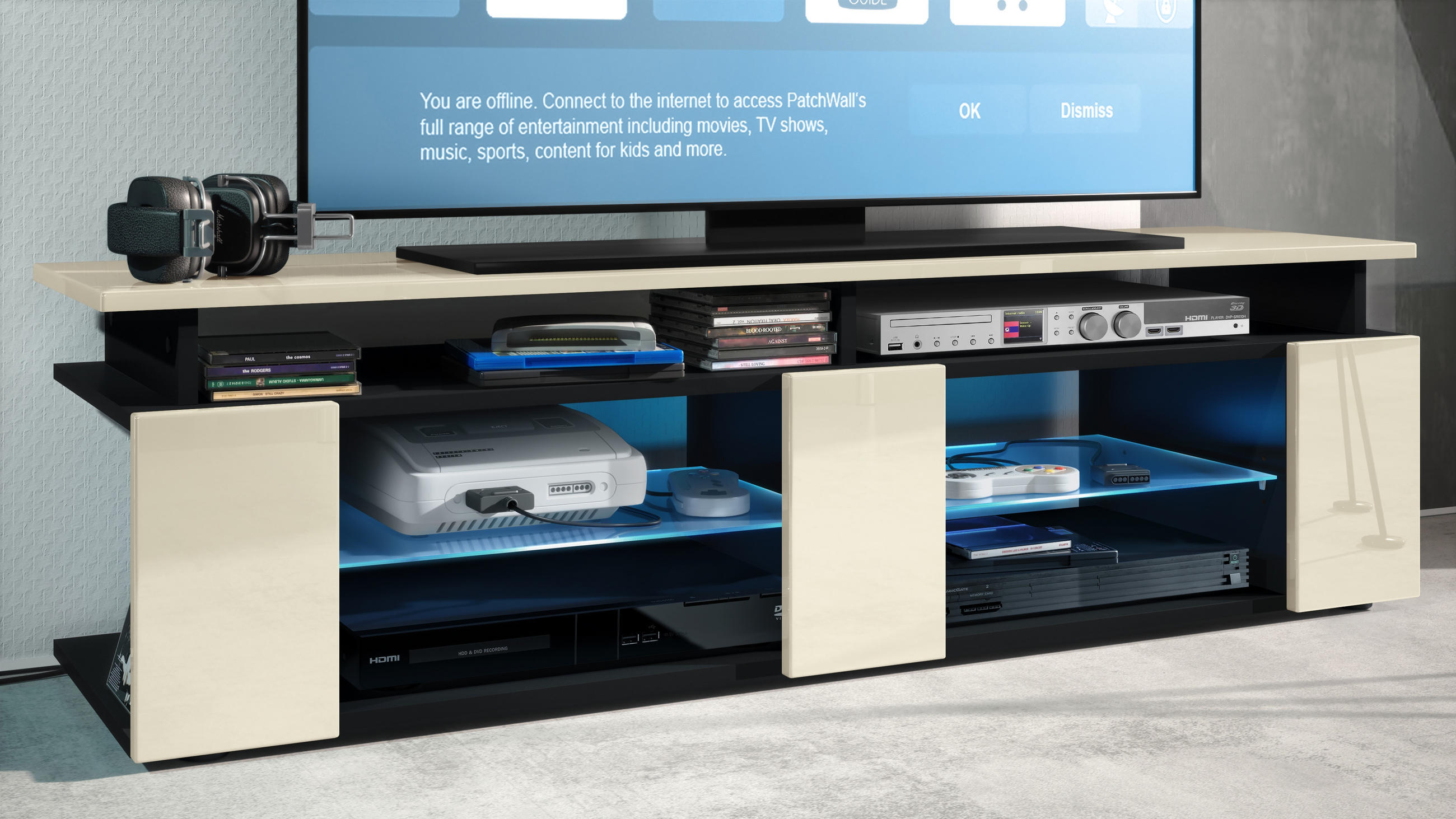 LOWBOARD Movie Fronten und obere Platte des Aufsatzes in Creme Hochglanz - Creme, Holzwerkstoff (138.5/39/39cm) - Vladon