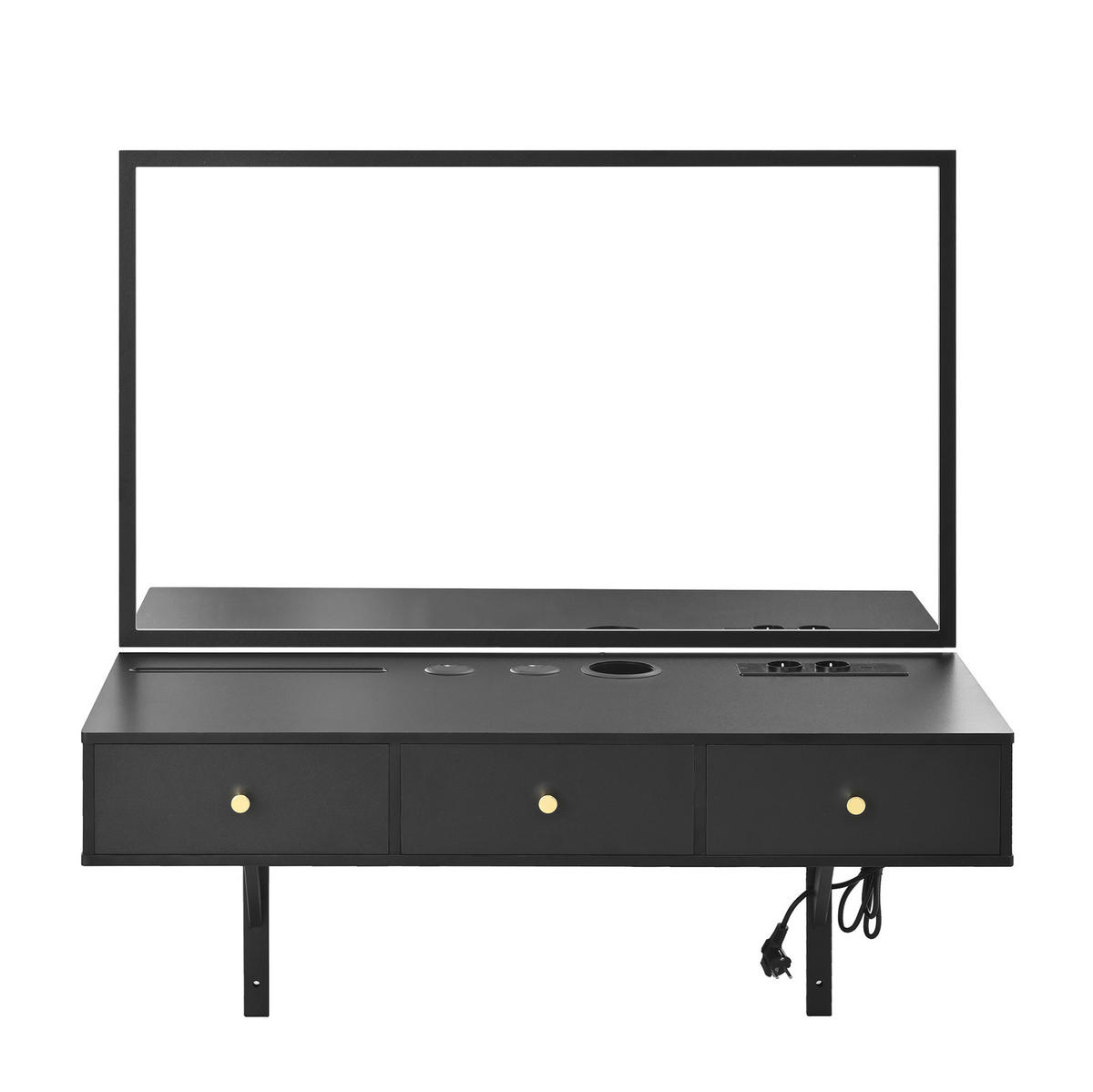 SCHMINKTISCH 100/45/105 cm in Schwarz mit Spiegel und Steckdosenleiste - Schwarz, Holzwerkstoff (100/105/45cm) - Flora Grace