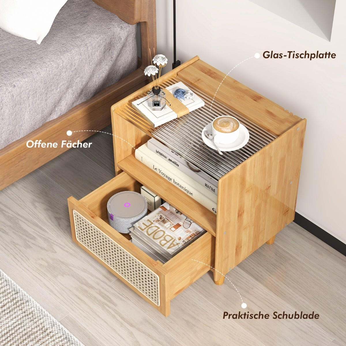NACHTTISCH Bambus & Rattan mit Schublade und verstecktem Kabel-Stauraum, Natur - Naturfarben, Naturmaterialien/Holzwerkstoff (35/50/43cm) - DESIGN IN