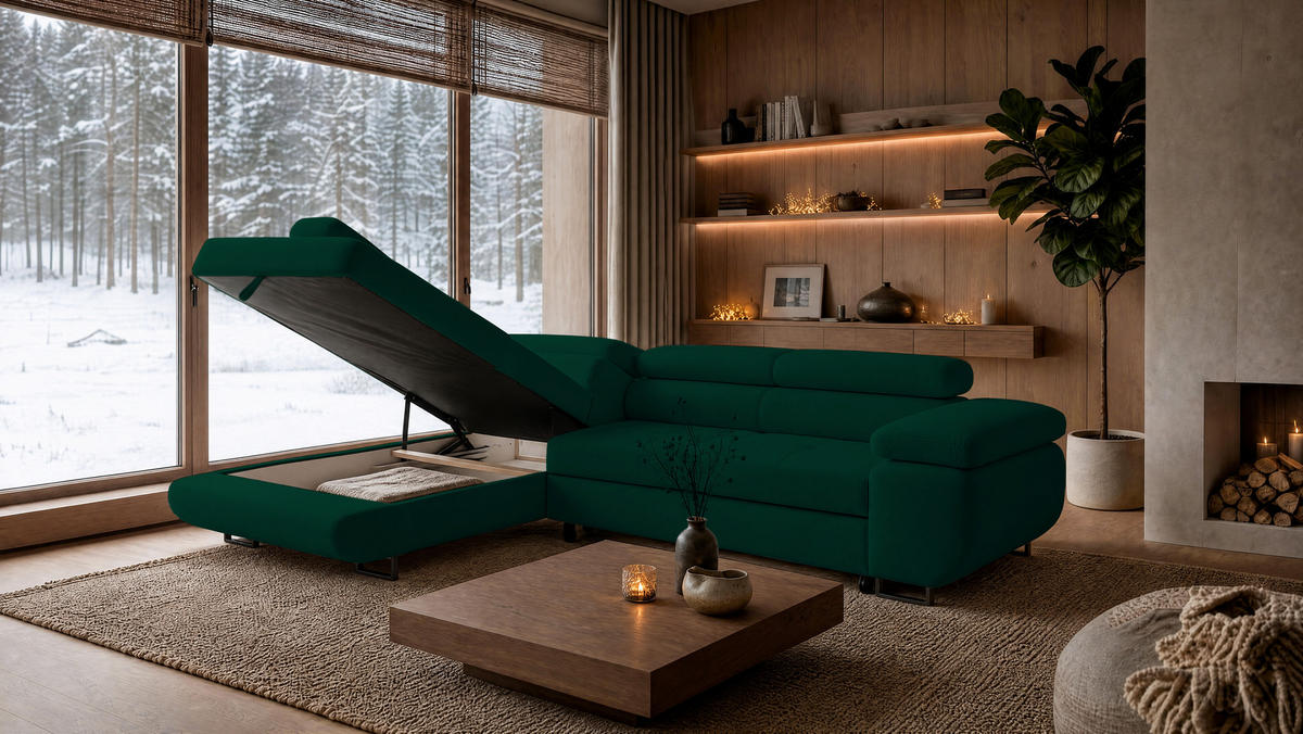 ECKSOFA Velmo mit Bettkasten und Schlaffunktion, verstellbaren Kopfstützen, in L-Form - Dunkelgrün, Textil (275/203cm)