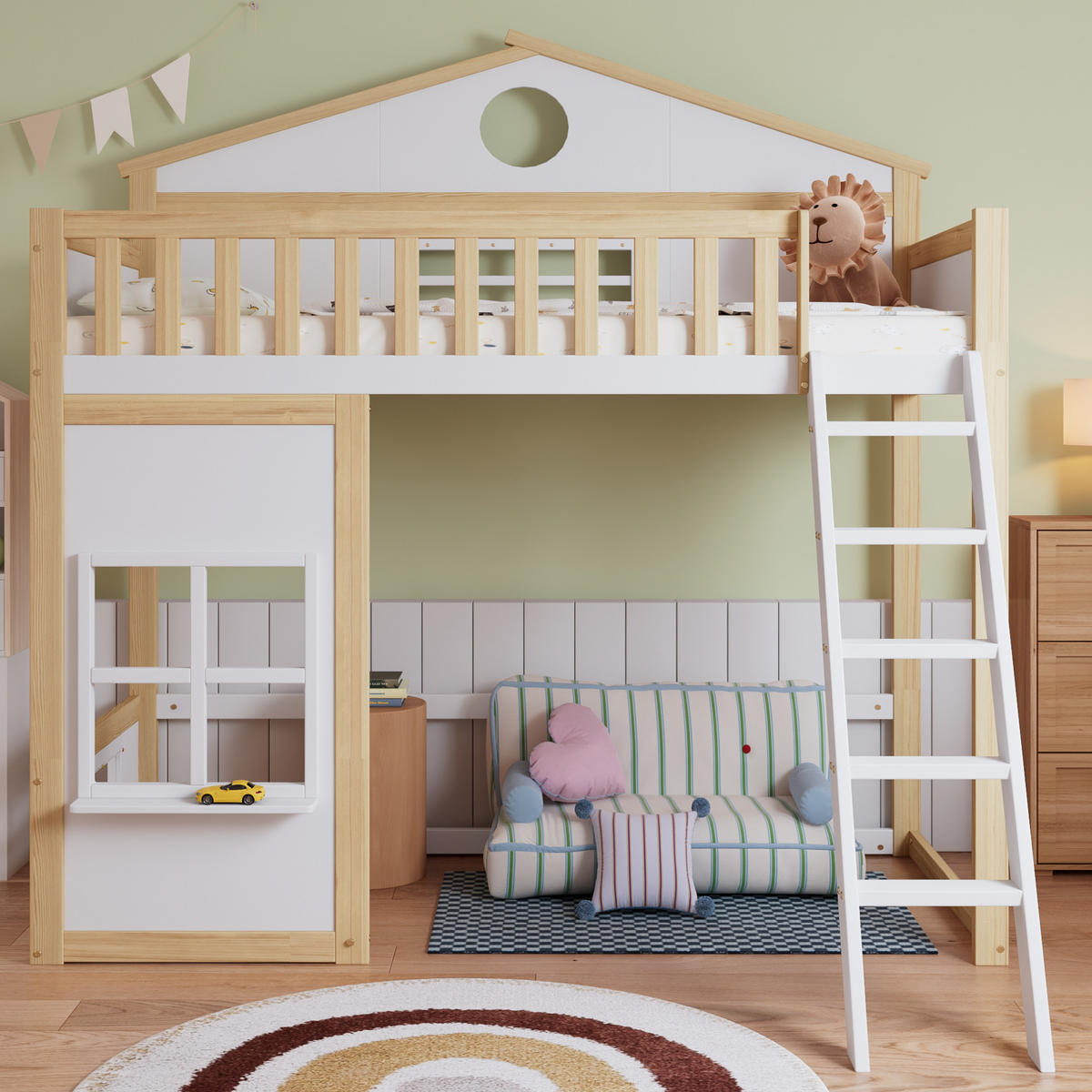 ETAGENBETT aus Kiefer und MDF 90x200 cm Weiß/Natur mit Treppe, Fallschutz und Hausdesign - Weiß, Holzwerkstoff (90/200cm) - IVMEU