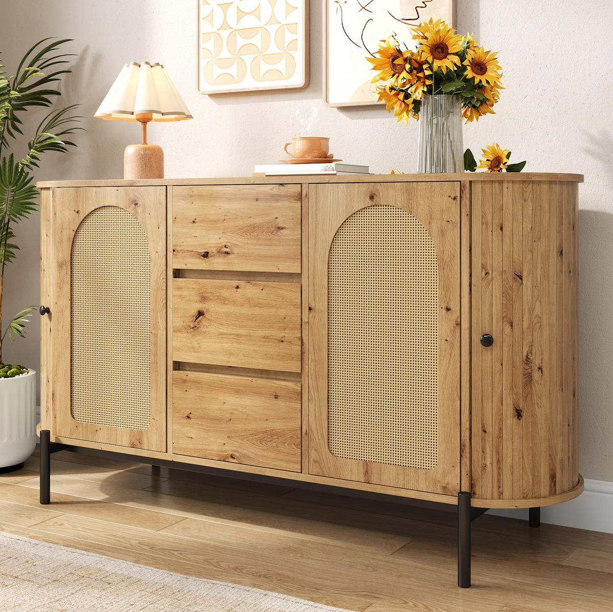 SIDEBOARD 140/38/77,5 cm Natur aus MDF mit Rattan-Türen und Schubladen - Naturfarben, Holzwerkstoff (38/77.5/140cm) - OKWISH