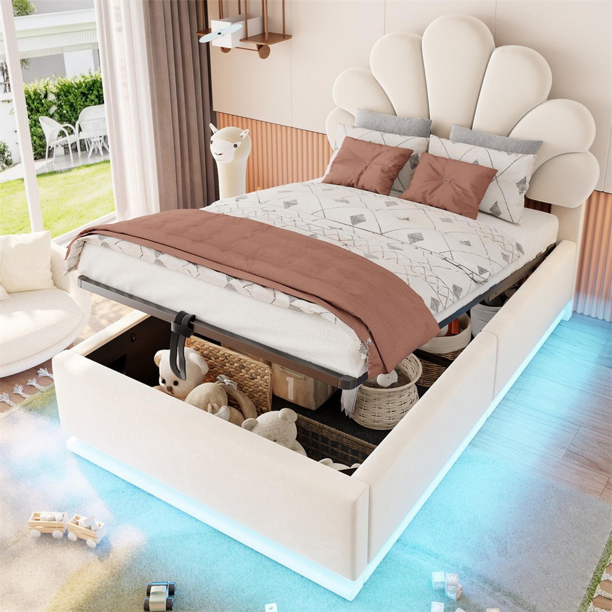 POLSTERBETT 90x200 cm mit Blüten-Kopfteil - LED Beleuchtung & hydraulischem Stauraum - Beige - ohne Matratze - Beige, Textil (90/200cm) - DELFA