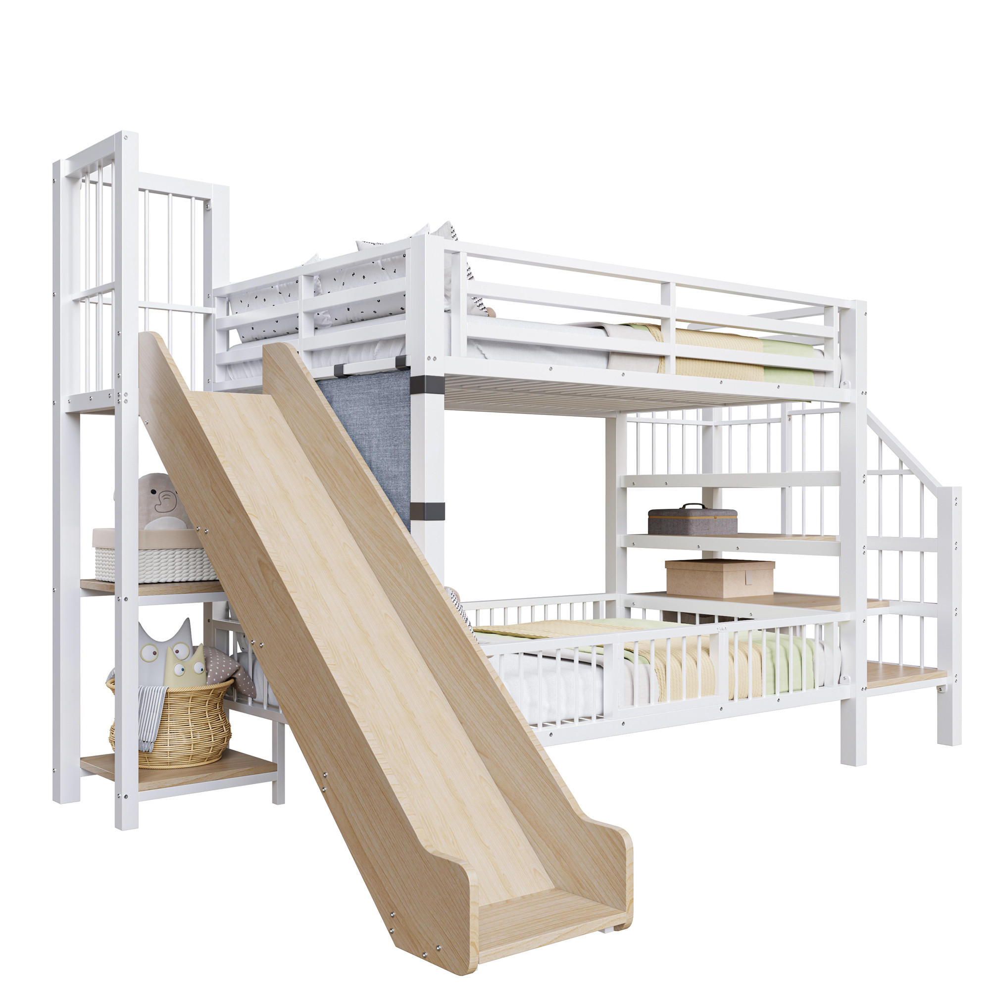 STILVORA HOCHBETT 90/200 cm in Weiß Kinderbett mit Rutsche, Stauraumtreppe und Regal