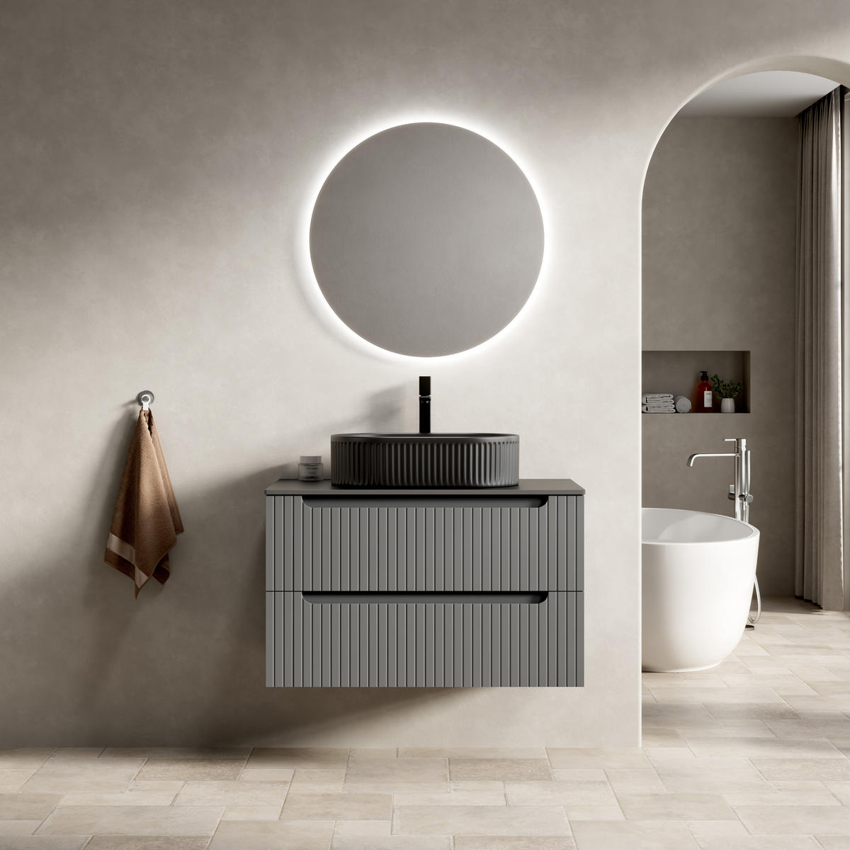 WASCHTISCHUNTERSCHRANK 80x46x62.2cm Schwarz/Dunkelgrau mit ovalem Keramikbecken & 2 Schubladen - Dunkelgrau, Keramik (80/62.2/46cm) - Modfu