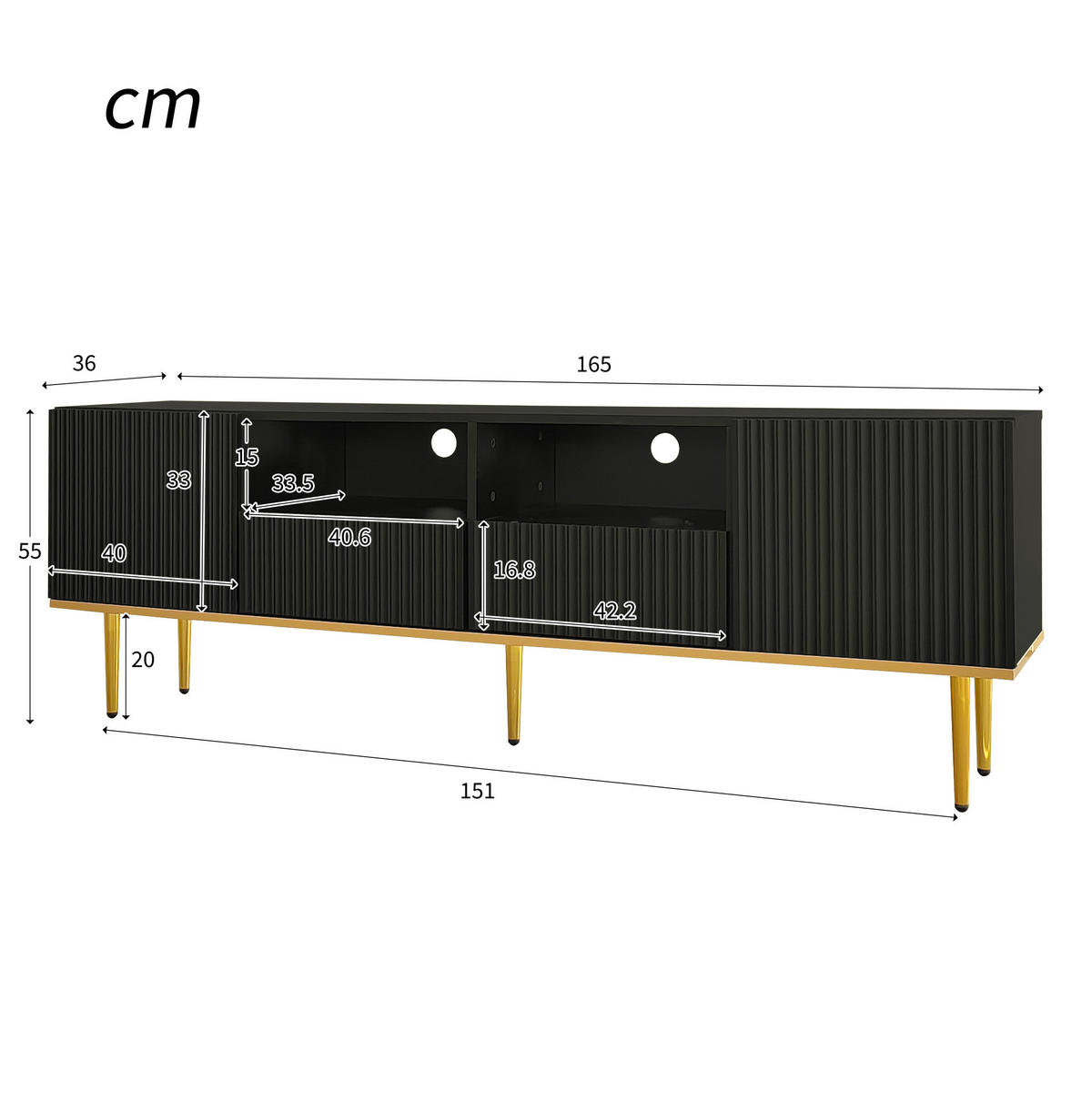 LOWBOARD 165/36/55 cm aus Holzwerkstoff mit grifflosen Türen und goldfarbenen Beinen Schwarz - Schwarz, Holzwerkstoff (165/55/36cm) - Modenvie