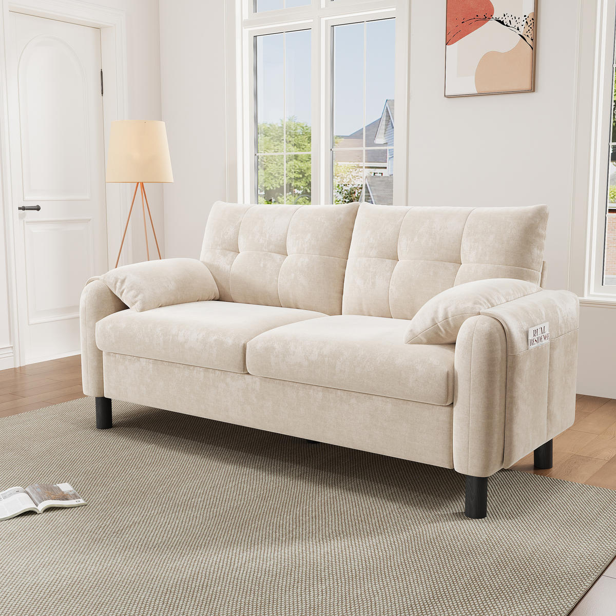 2-SITZER Sofa Chenille mit Seitentaschen und 2 Kissen 158/80/88,5 cm Beige - Beige, Textil (80/88.5/158cm) - Redom