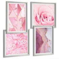 BILDER SET 4er Set - 50x50 cm & 40x60 cm Silberner Rahmen - Rosa geometrische Pfingstrosen - Silberfarben, Kunststoff (50/50cm) - TULUP