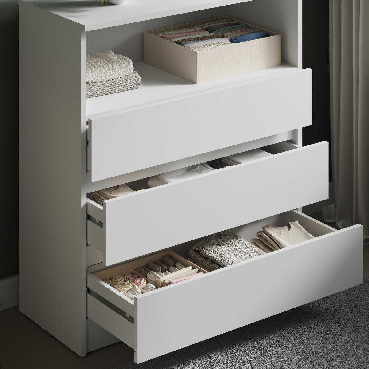 KOMMODE 76 cm breit mit 3 Schubladen & 1 offenes Fach in Weiß - Weiß, Holzwerkstoff (76/87/35cm) - Home Collective
