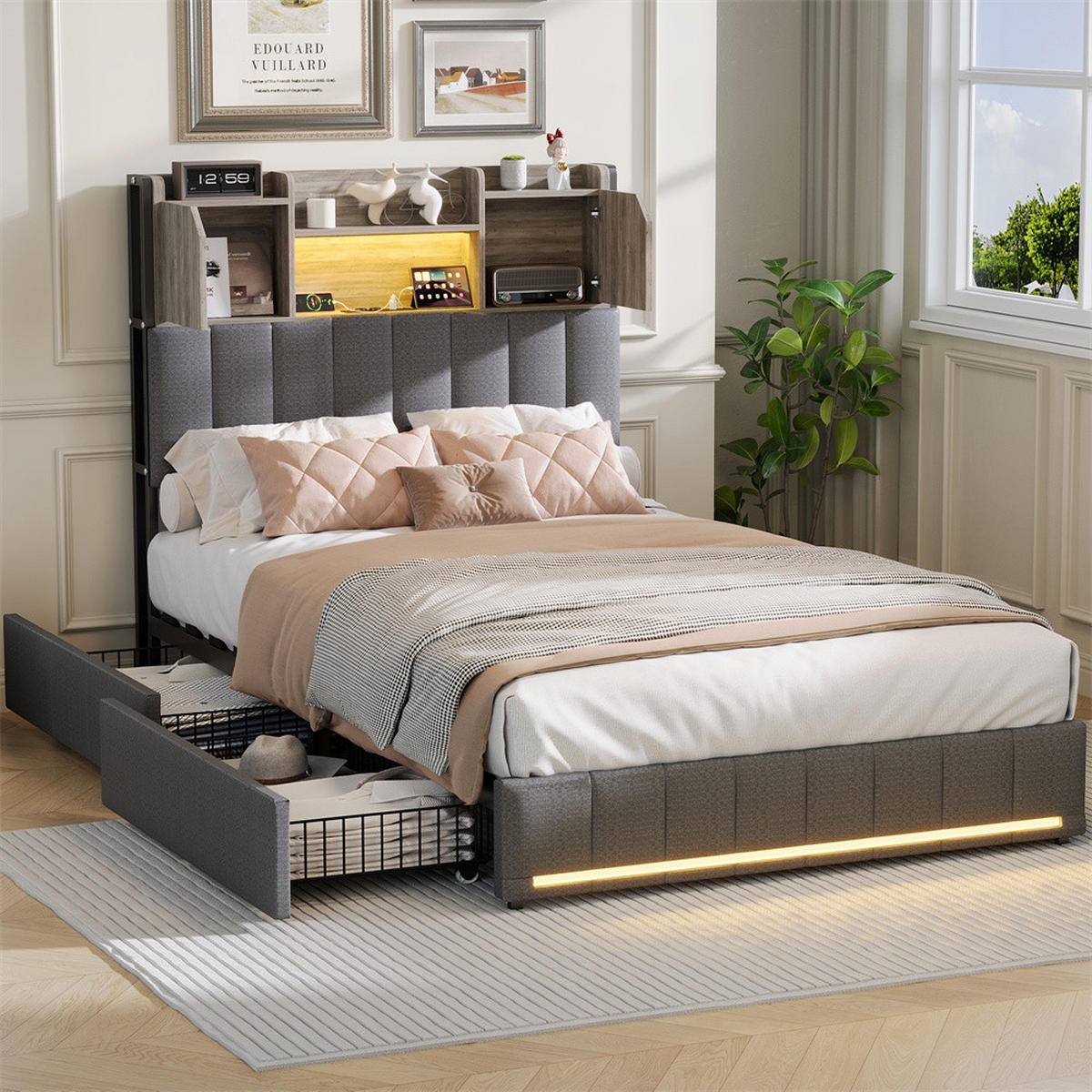 POLSTERBETT 90x200cm - Doppelbett 90x200cm mit Schubladen - RGB-LED-Beleuchtung - ohne Matratze - Grau - Grau, Textil (90/200cm) - DELFA