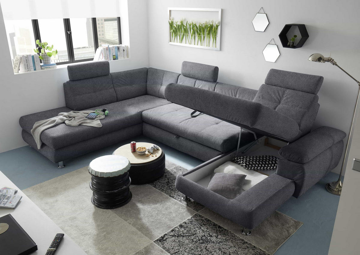 WOHNLANDSCHAFT mit Schlaffunktion, Bettkasten und verstellbaren Arm- und Kopflehnen - Chromfarben/Anthrazit, Textil/Metall (349/88/233cm) - ed exciting design