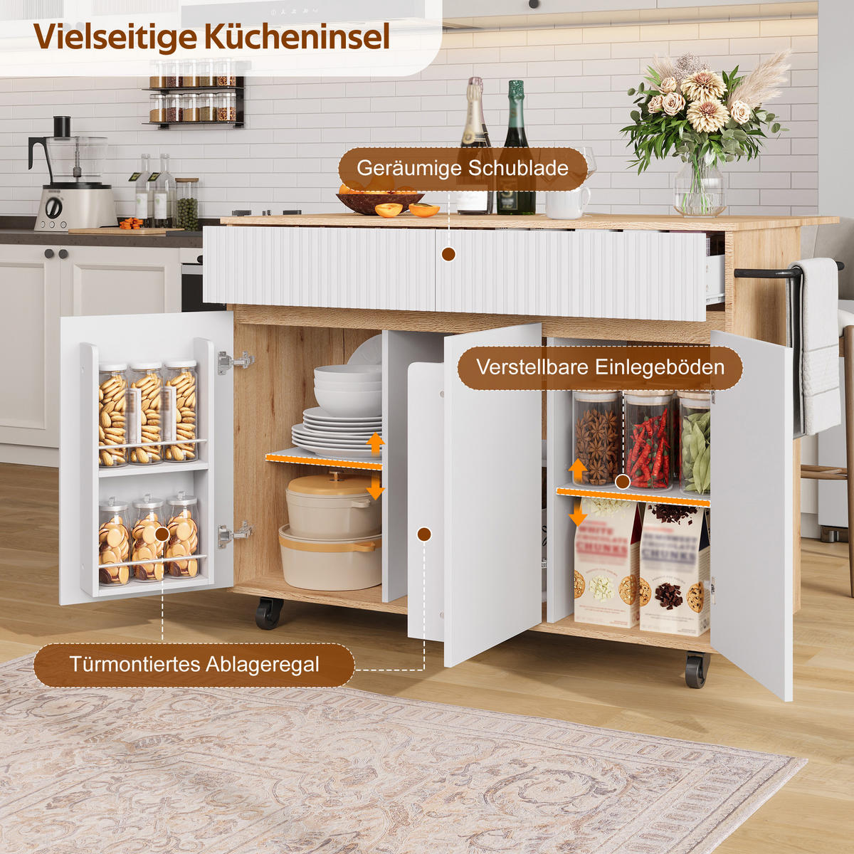 KÜCHENINSEL auf Rollen 120/65/91 cm Weiß mit klappbarer Arbeitsplatte und 2 Schublade - Silberfarben/Weiß, Holz/Holzwerkstoff (65/91/120cm) - Oxeza
