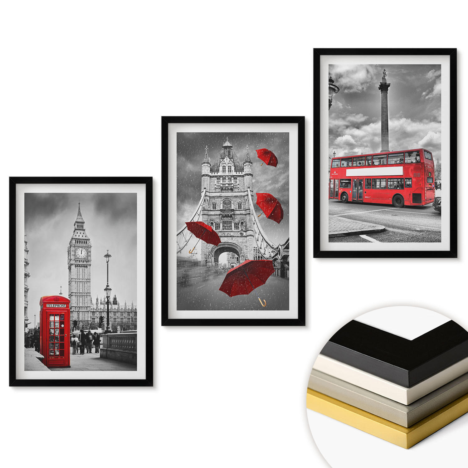 WANDBILDER 3er-Set - 40x60 cm Schwarzer Rahmen - Roter Regenschirmstand und Londoner Bus - Schwarz, Kunststoff (40/60cm) - ArtPrintCave
