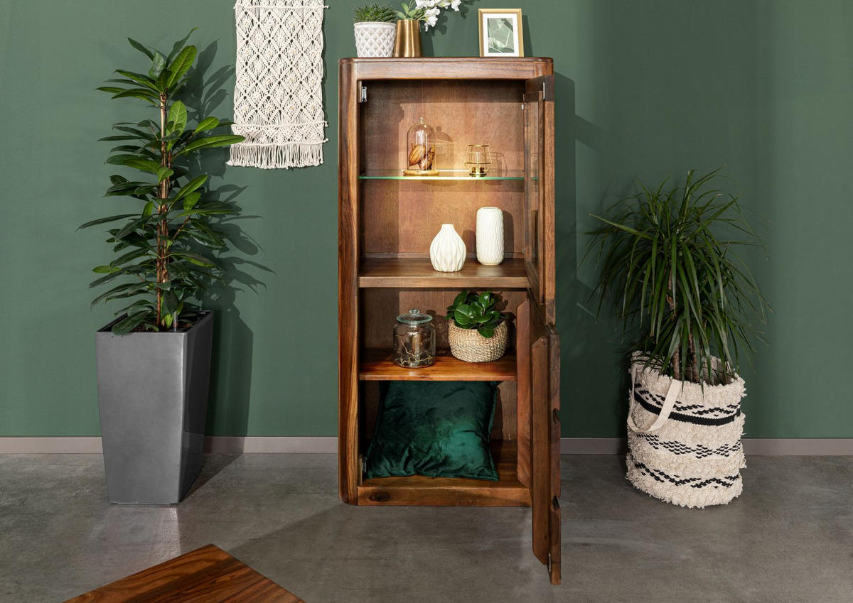 VITRINE Sheesham 70x40x145 walnuss gewachst TORONTO #208 - Walnussfarben, Holz (70/145/40cm) - Massivmoebel24