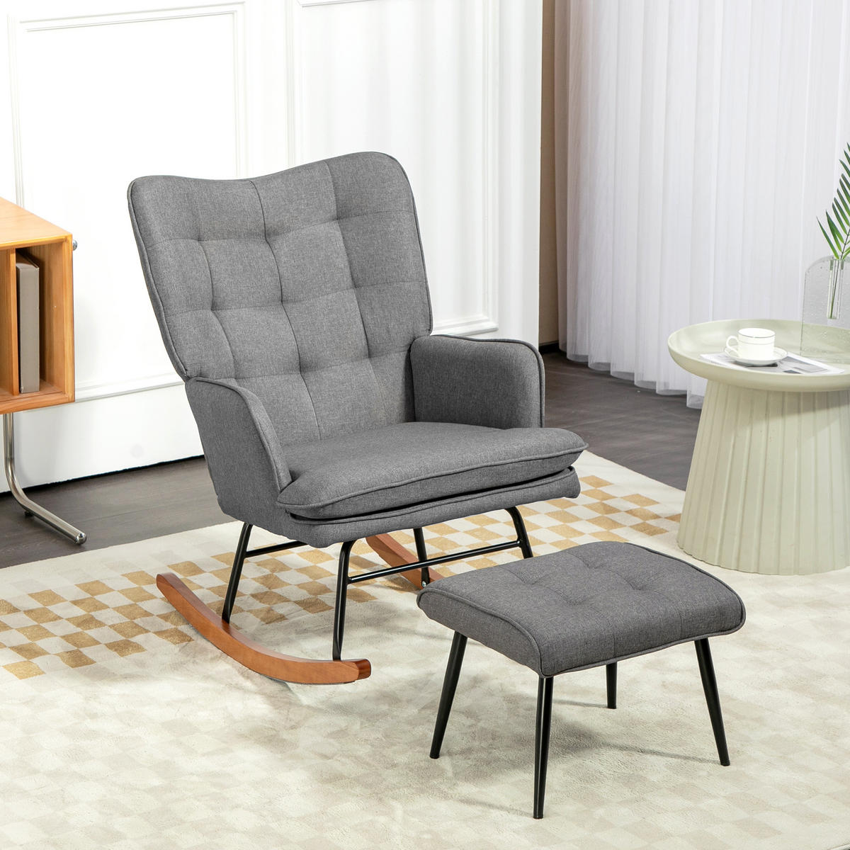 SCHAUKELSTUHL Schwingsessel mit Hocker Armlehnsessel Relaxsessel mit Leinenoptik - Dunkelgrau, Kunststoff (89/90/64cm) - HOMCOM